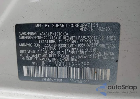 2020 Subaru Crosstrek z USA, uszkodzony, nr VIN JF2GTABC8L8255358